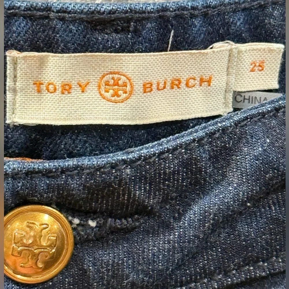 TORY BURCH High Rise Cropped Flare Jeans Women’s Size 25 in Blue Dark Wash